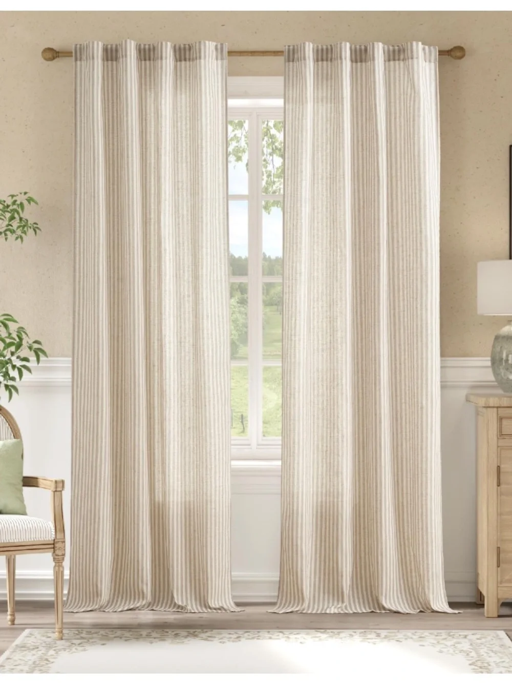 Striped Curtains Light-Filtering Rod Pocket Back Tab - TAUPE GRAY ON BEIGE